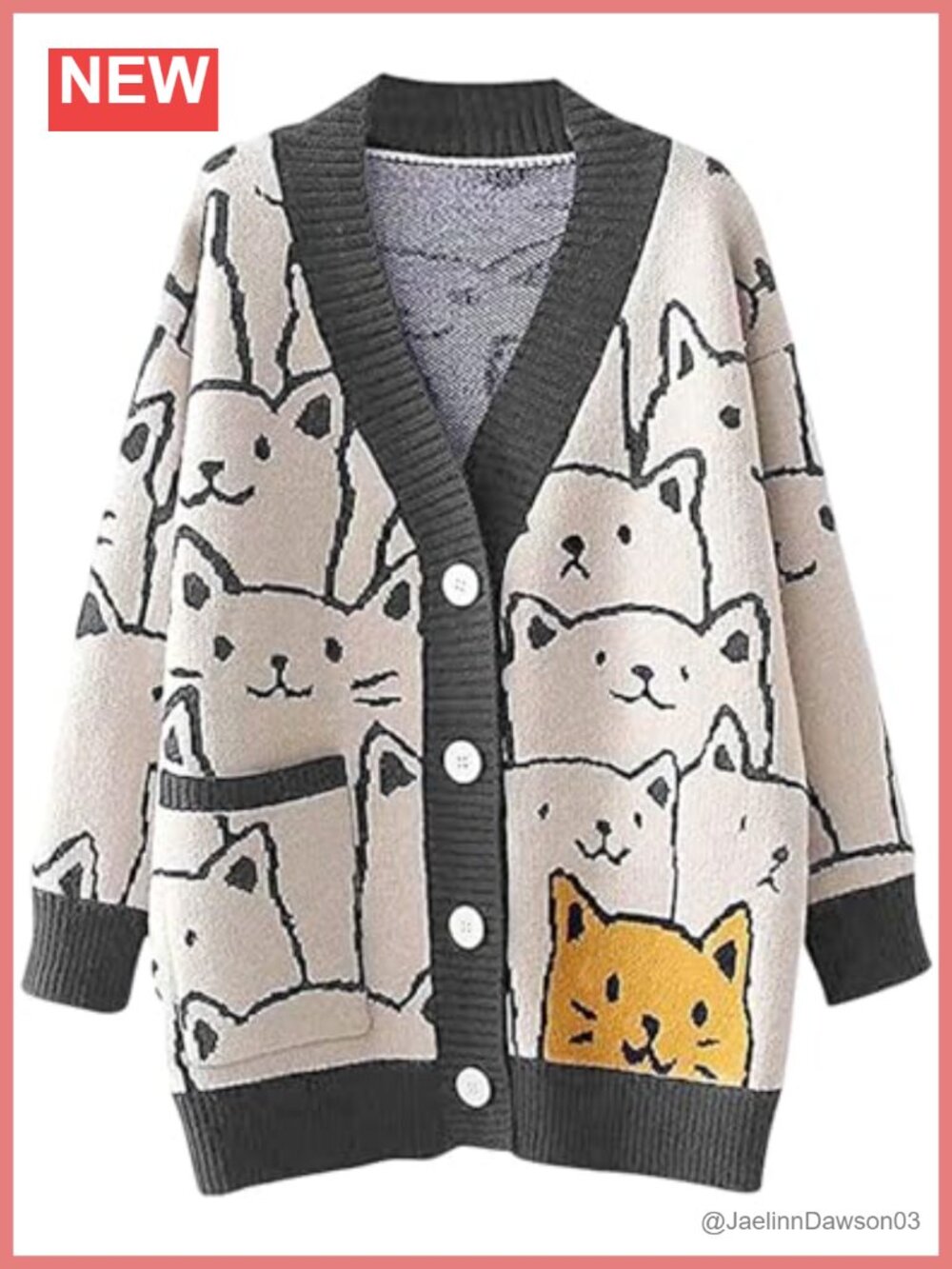 Women's Cat Print Cable Knit Button Down Cardigan V-Neck Pockets
